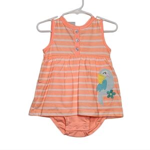 NEW NWT Carter's Baby Girl 12M Neon Orange Stripes Dress Onsie w/ Blue Bird